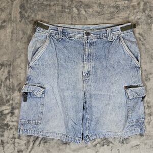 Vintage Ungava Beach Patrol Acid Wash Blue Denim Cargo Shorts Size 32